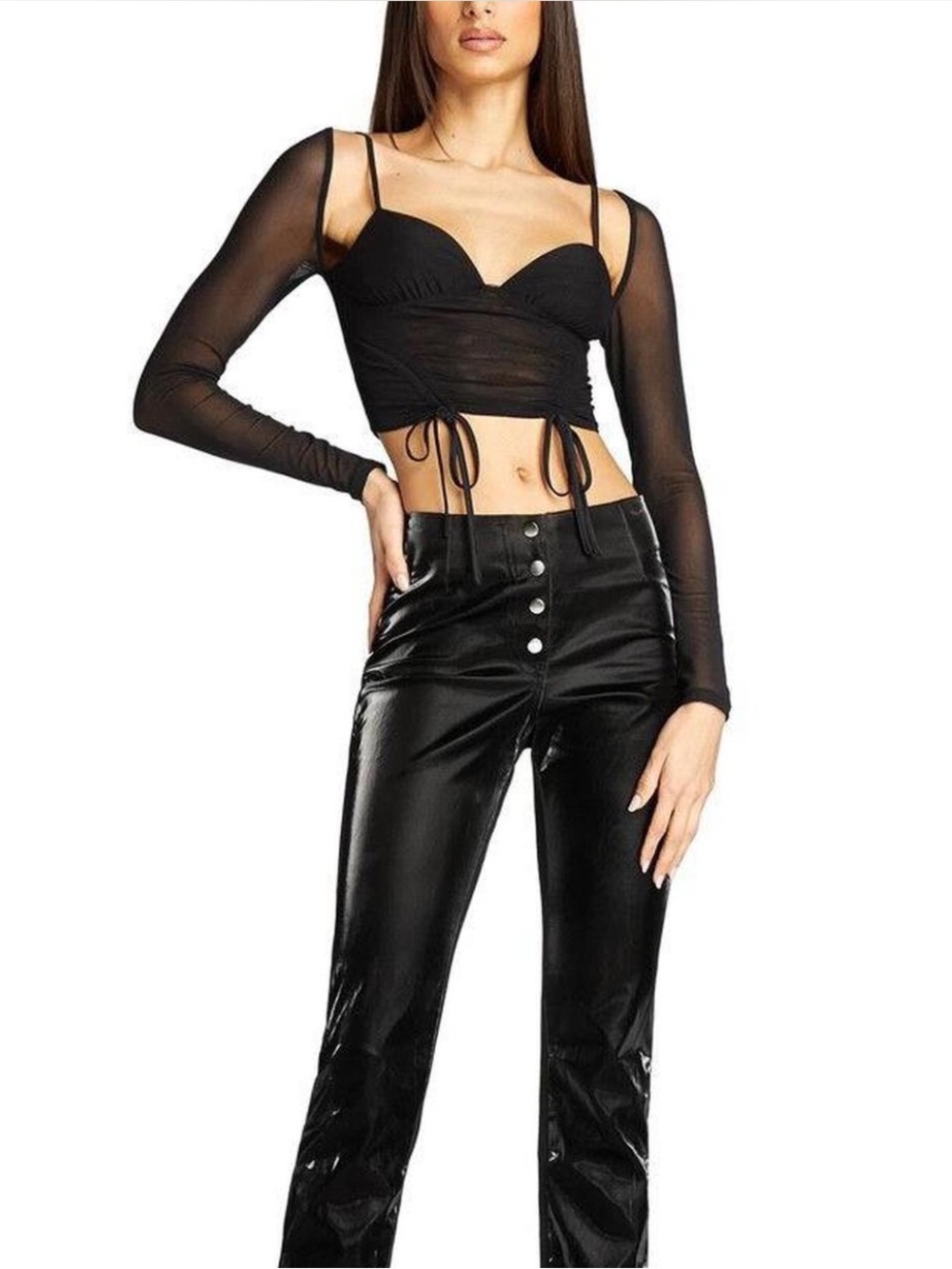 LAMGIA Black Sheer Mesh Long Sleeve Cropped Top